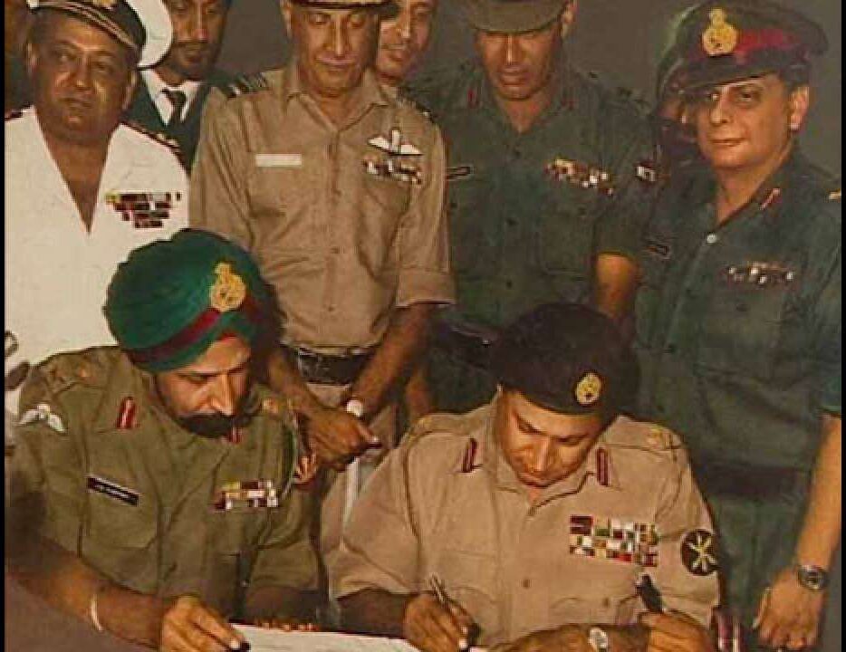 East Pakistan General Niazi signing Instrument of Surrender in Dhaka, 16 December 1971